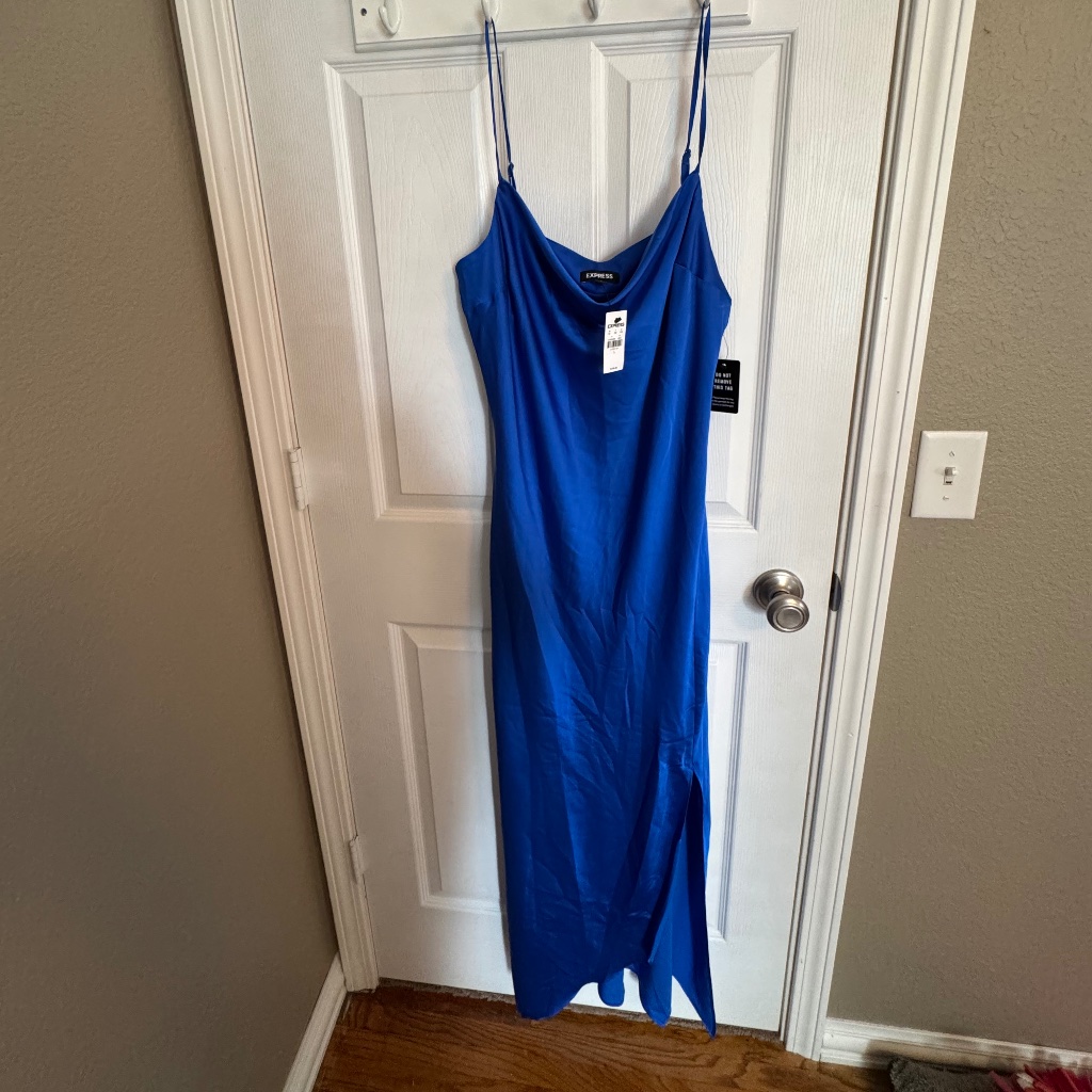 Express Colbalt Blue Satin Silky Slip Midi Dress Spaghetti Straps Large Nwt